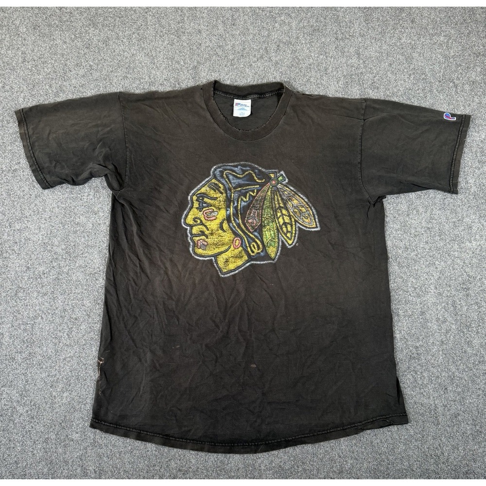Vintage 90s Chicago Blackhawks Pro Player NHL Graphic T Shirt Black XL USA